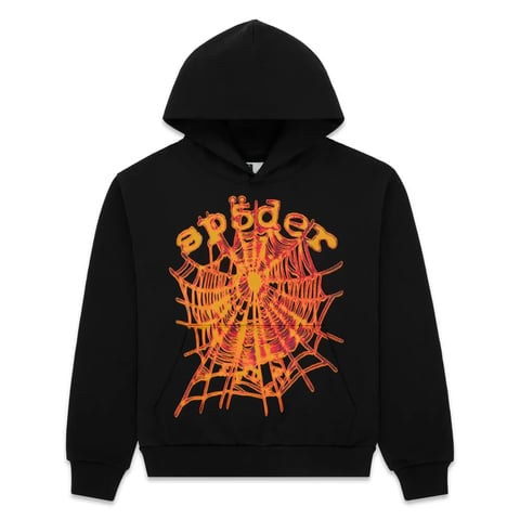 Black hoodie with orange and red spider web graphic