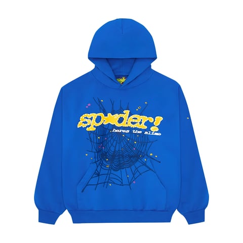 Blue hoodie with yellow Spyder text and geometric web design
