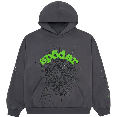 Charcoal gray hoodie with lime green spider graphic